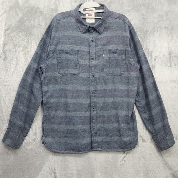 Levi's Shirt Mens L Gray Striped Standard Fit Button Down Pocket Cotton Flannel - Picture 1 of 10